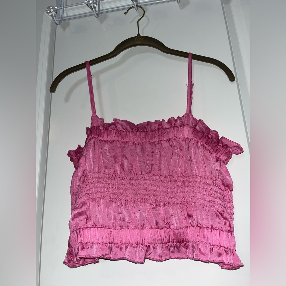 Glam Pink Smocked Bodice Ruffle Trim Summer Adjustable Barbiecore Crop Top Sz M
